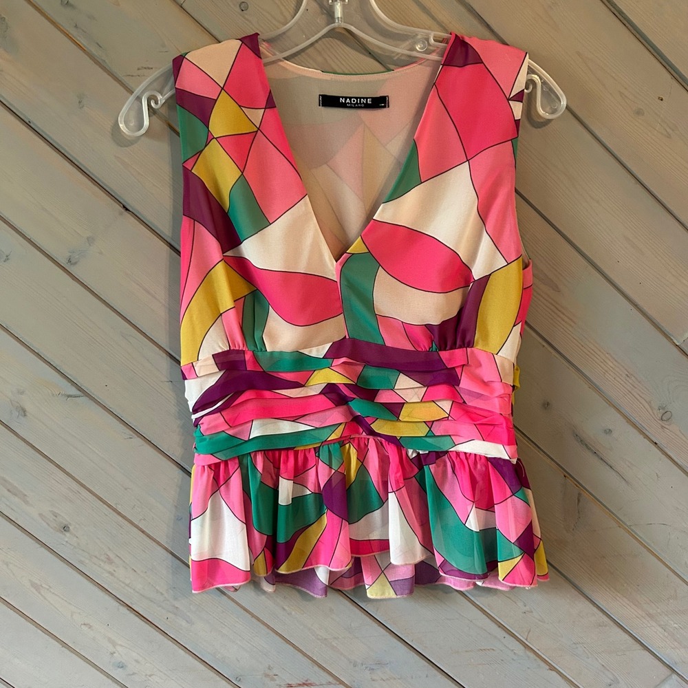 Nadine Milano Pink Geometric‎ Abstract Peplum V-Neck Sleeveless Top IT 42 US 6